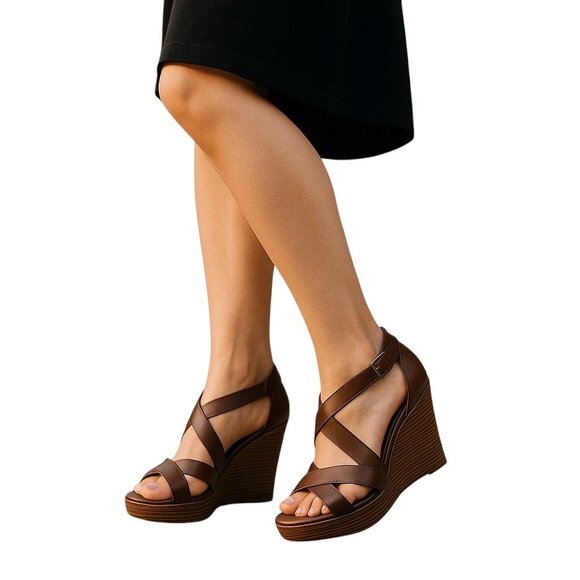 Lucky Brand Leather Platform Wedge Sandals Brown Size 8M Boho Hippie Festival - Picture 1 of 12